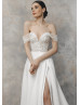 Off Shoulder Beaded Ivory Lace Satin Slit Wedding Dress